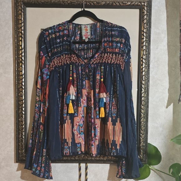 Johnny Was Tops - #93. Johnny Was Blue and Orange Embellished Long Sleeve Blouse